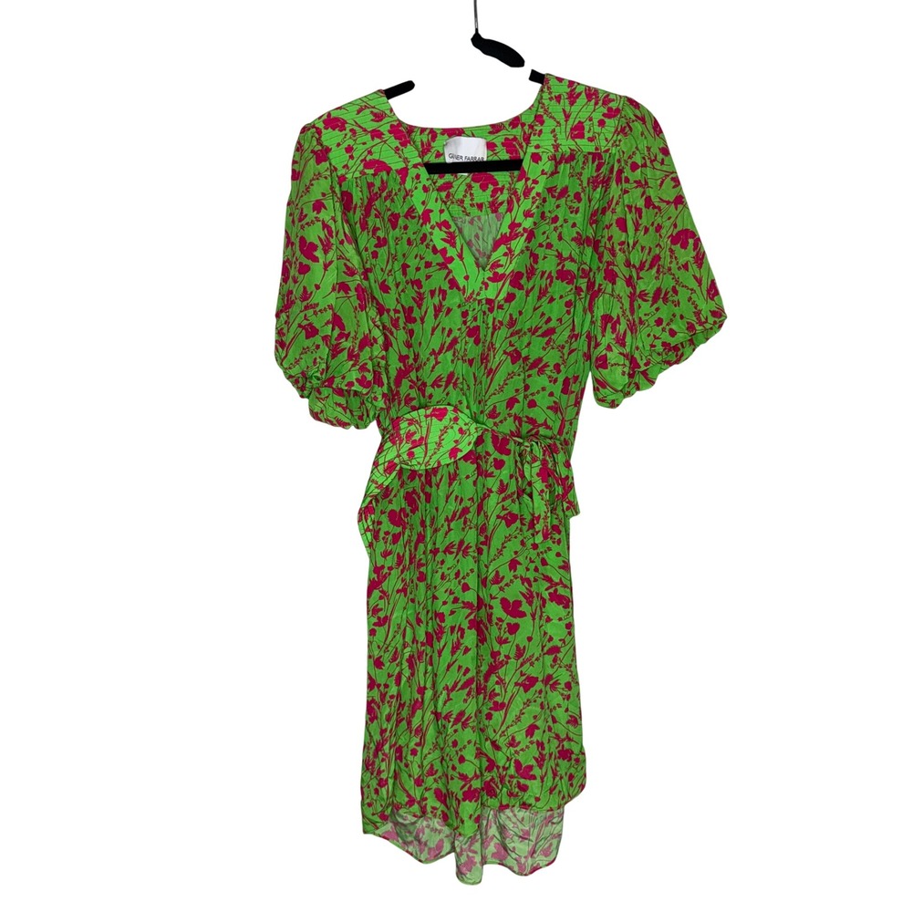 Gilner Farrar Floral Mini Dress Womens S Green Pink Good Puff Sleeve V-Neck